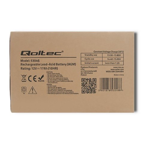 Qoltec Akumulator AGM | 12V | 17Ah | Bezobsługowy | Wydajny | LongLife | do UPS, skutera