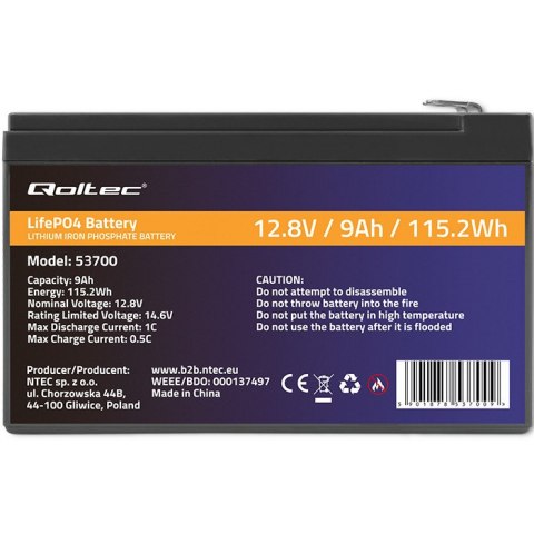 Qoltec Akumulator LiFePO4 Litowo-Żelazowo-Fosforanowy | 12.8V | 9Ah | 115.2Wh | BMS
