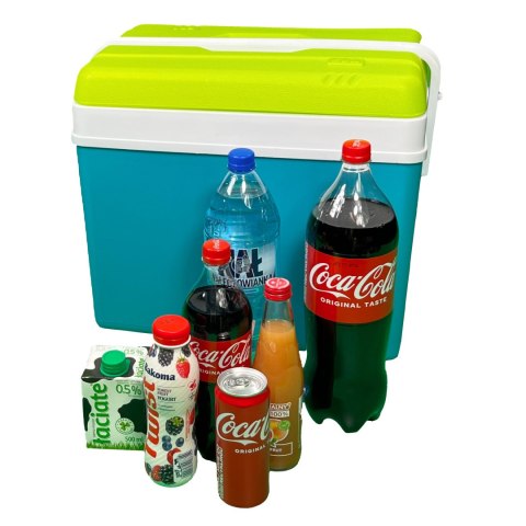 Lodówka turystyczna 35L KAMAI EDA na wkłady mrożące, turkusowa z białą rączką i zieloną pokrywą