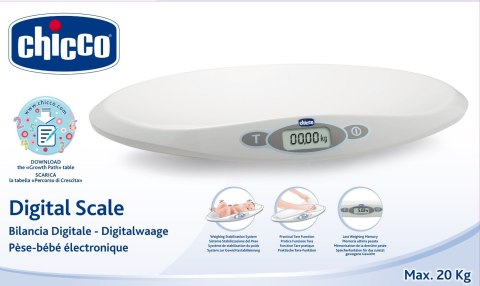 CHICCO 0M+ 20 kg DIGITAL SCALE Waga dla dzieci i niemowląt, z funkcją TARE i pamięcią