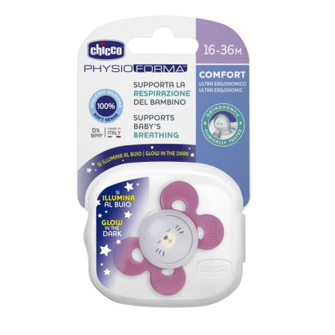 CHICCO PHYSIO COMFORT 16M+ Smoczek uspokajający, silikonowy, świecący, różowy