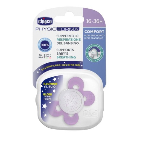 CHICCO PHYSIO COMFORT 16M+ Smoczek uspokajający, silikonowy, świecący, różowy