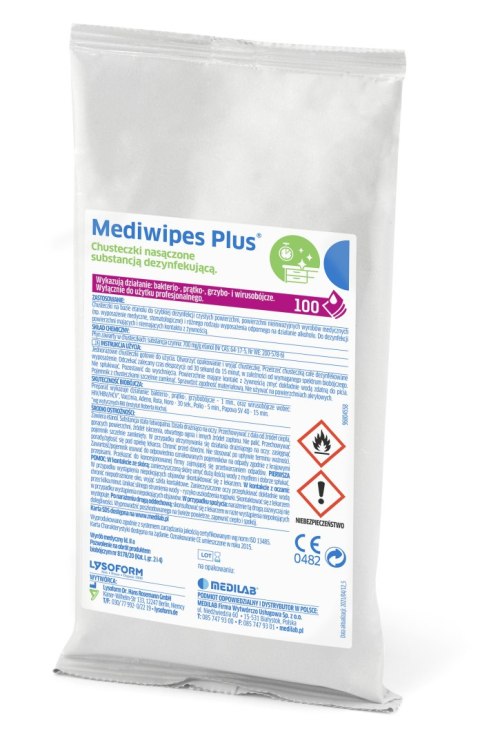 MEDILAB MEDIWIPES PLUS Chusteczki do dezynfekcji powierzchni, wkład, 100 szt.