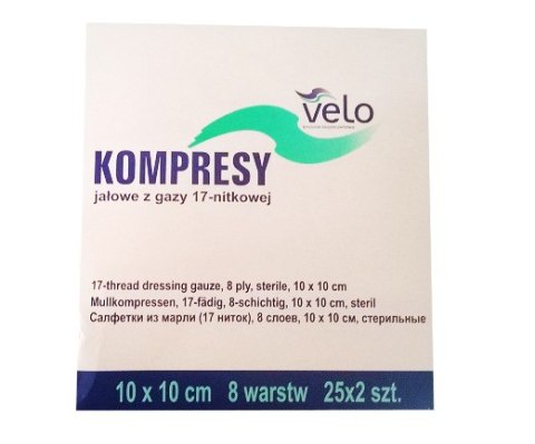 VELO 5 cm × 5 cm Kompres gazowy sterylny, bezchlorowy, 25 × 2 szt.