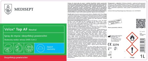 MEDISEPT VELOX TOP AF 1L Preparat do dezynfekcji i mycia powierzchni ze spryskiwaczem