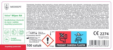 MEDISEPT VELOX WIPES Chusteczki dezynfekujące bez alkoholu, puszka, do powierzchni