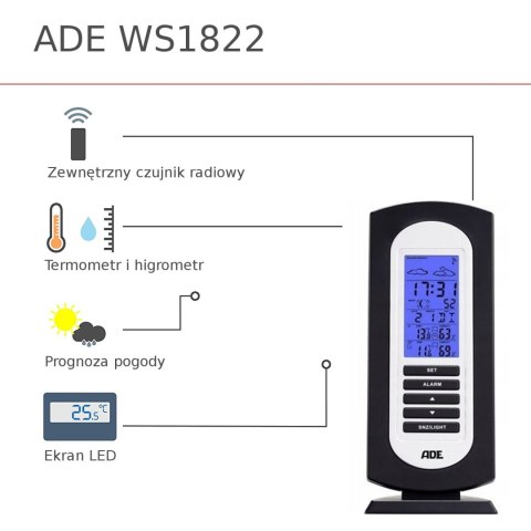 ADE WS1822 Stacja pogody z budzikiem i kalendarzem, cyfrowa, czujnik zewnętrzny