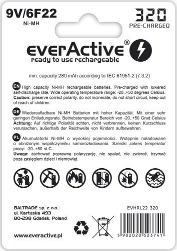 EVERACTIVE PROFESSIONAL LINE 9V/6F22 Akumulator Ni-MH 320 mAh, 1 szt.