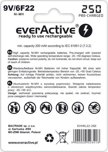 EVERACTIVE LINE 9V/6F22 SILVER Akumulator Ni-MH 250 mAh, ready to use, 1 szt.