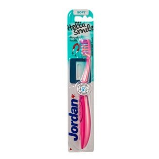JORDAN HELLO SMILE RÓŻOWY Szczoteczka do zębów 9+, czyścik do języka