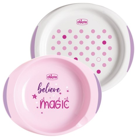 CHICCO 12M+ Zestaw 2 talerzy, różowy, z antypoślizgiem i miejscem na łyżkę