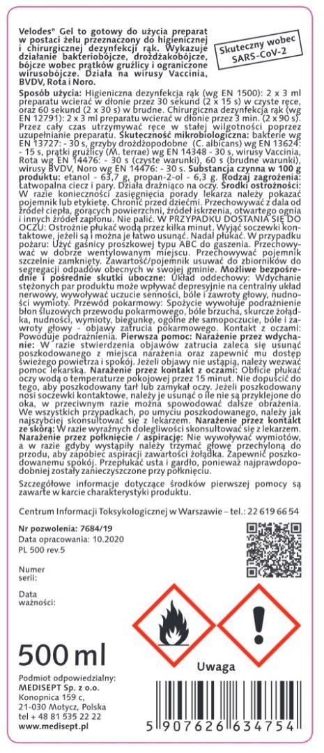 MEDISEPT VELODES GEL 500 ml medisept żel do higienicznej dezynfekcji rąk