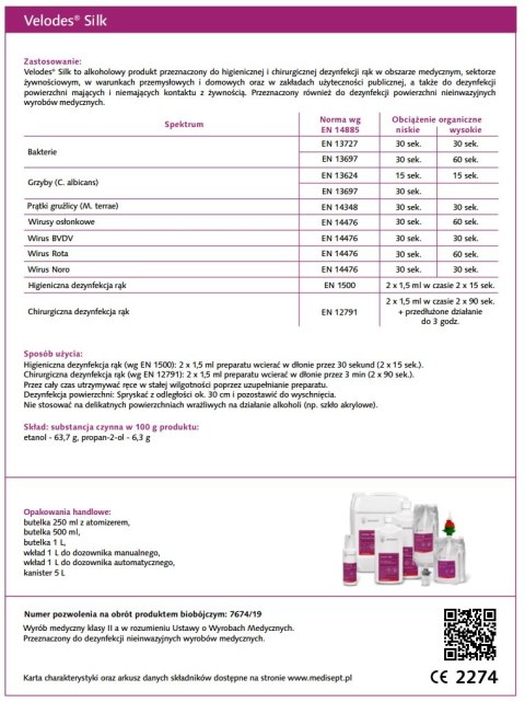 MEDISEPT VELODES SILK 0,5L Płyn do chirurgicznej i higienicznej dezynfekcji rąk
