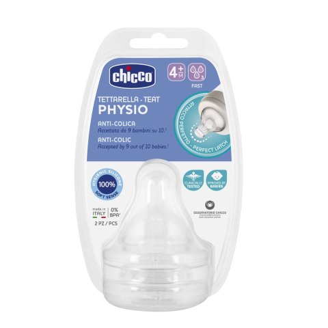 CHICCO PHYSIO 4M+ Smoczki antykolkowe silikonowe do butelki, przepływ szybki, 2 szt.