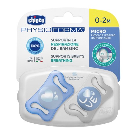 CHICCO PHYSIO MICRO 0-2M Smoczek silikonowy, do uspokajania, niebieski, 2 szt.