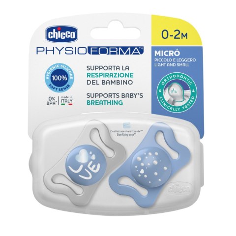 CHICCO PHYSIO MICRO 0-2M Smoczek silikonowy, do uspokajania, niebieski, 2 szt.