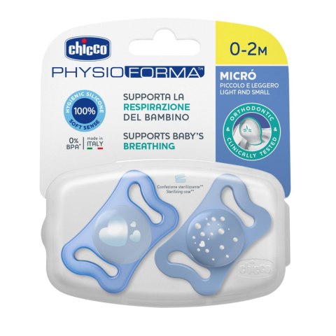 CHICCO PHYSIO MICRO 0-2M Smoczek silikonowy, do uspokajania, niebieski, 2 szt.