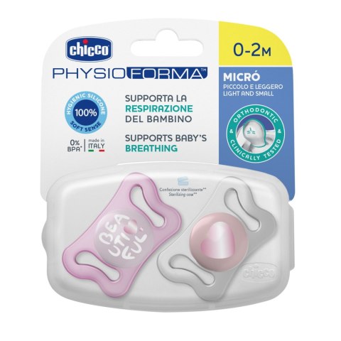 CHICCO PHYSIO MICRO 0-2M Smoczek uspokajający silikonowy, różowy, 2 szt.