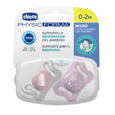 CHICCO PHYSIO MICRO 0-2M Smoczek uspokajający silikonowy, różowy, 2 szt.
