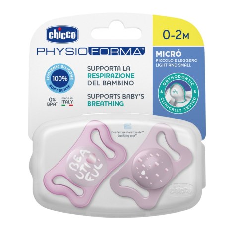 CHICCO PHYSIO MICRO 0-2M Smoczek uspokajający silikonowy, różowy, 2 szt.