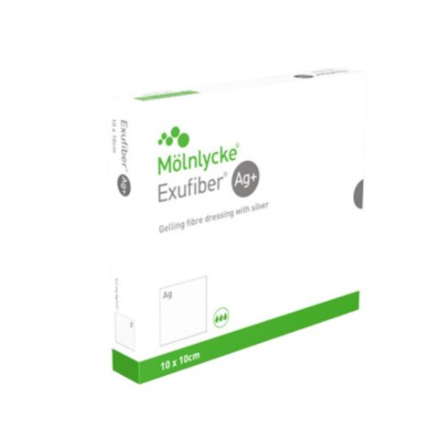 MÖLNLYCKE EXUFIBER AG 10×10 cm Opatrunek żelujący z włókien, przeciwbakteryjny, 10 szt.