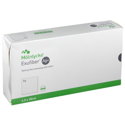 MÖLNLYCKE EXUFIBER AG 4,5×30 cm Opatrunek żelujący z włókien, przeciwbakteryjny, 10 szt.