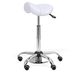 UBM ERGO STS BIAŁY 01 Taboret medyczny siodłowy tapicerowany z podnóżkiem, mobilny
