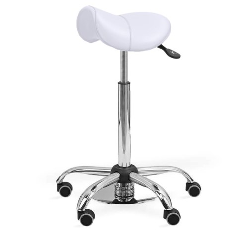 UBM ERGO STS BIAŁY 01 Taboret medyczny siodłowy tapicerowany z podnóżkiem, mobilny