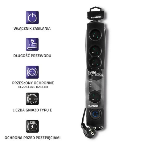 Qoltec Listwa zasilająca antyprzepięciowa | 6 gniazd | 1.8m | Czarna
