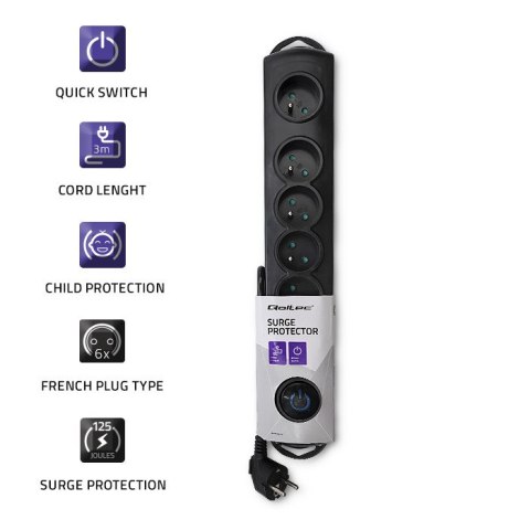 Qoltec Listwa zasilająca antyprzepięciowa | 6 gniazd | 3m | Czarna