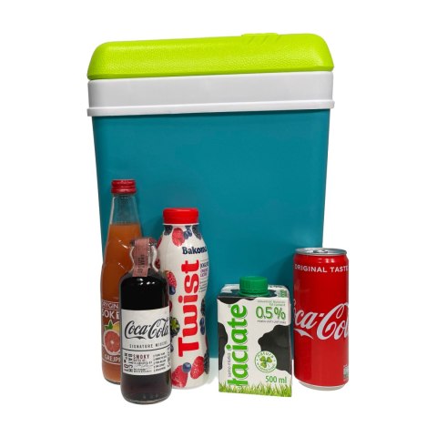 Lodówka turystyczna 15L KAMAI EDA na wkłady mrożące, turkusowa z białą rączką i zieloną pokrywą, pojemność