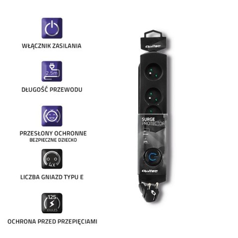 Qoltec Listwa zasilająca antyprzepięciowa | 4 gniazda | 2.5m | Czarna