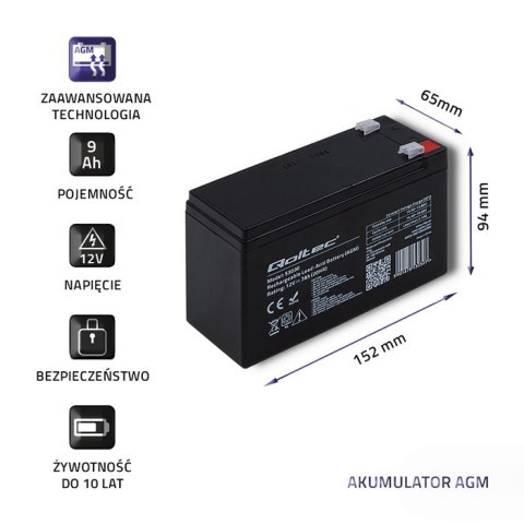 Qoltec Akumulator AGM | 12V | 9Ah | Bezobsługowy | Wydajny | LongLife | do UPS, security