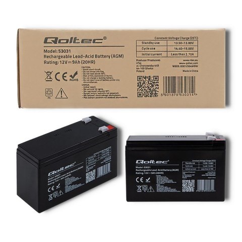Qoltec Akumulator AGM | 12V | 9Ah | Bezobsługowy | Wydajny | LongLife | do UPS, security