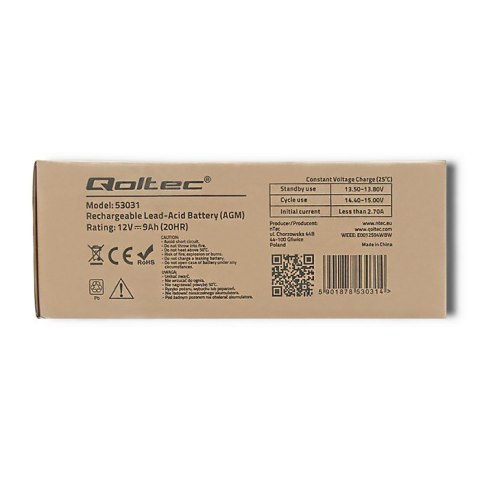 Qoltec Akumulator AGM | 12V | 9Ah | Bezobsługowy | Wydajny | LongLife | do UPS, security