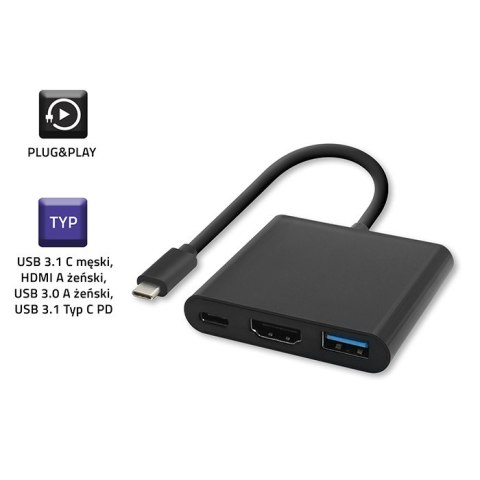 Qoltec Hub Adapter USB-C 3.1 3w1 | USB 3.0 | HDMI 4K | USB-C 3.1 PD 100W