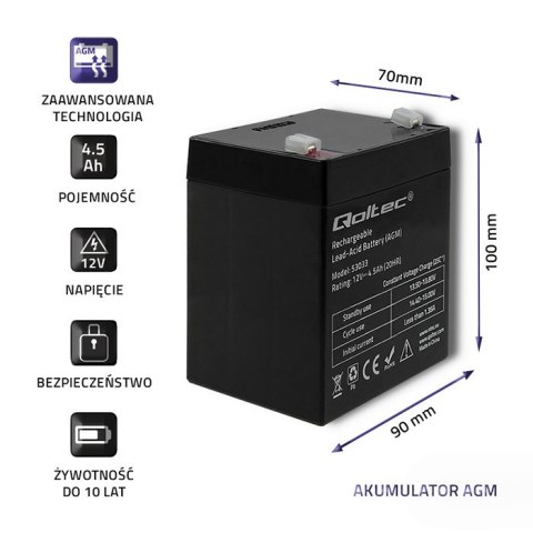 Qoltec Akumulator AGM | 12V | 4.5Ah | Bezobsługowy | Wydajny | LongLife | do UPS, wagi, kasy