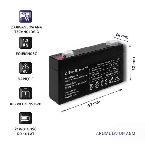 Qoltec Akumulator AGM | 6V | 1.3Ah | Bezobsługowy | Wydajny | LongLife | do UPS, wagi, kasy