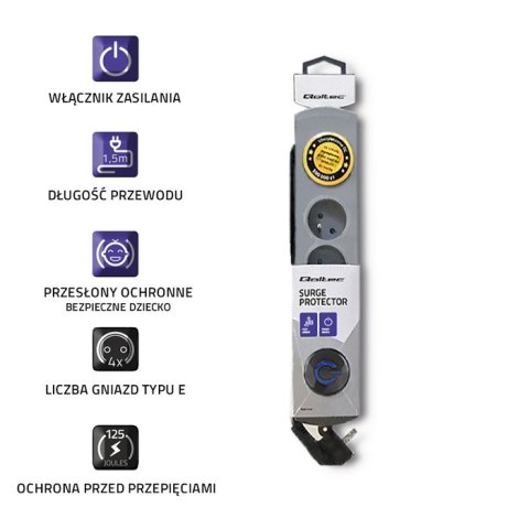 Qoltec Listwa zasilająca antyprzepięciowa | 4 gniazda | 1.5m | Szara