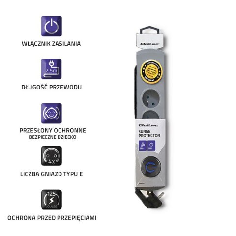 Qoltec Listwa zasilająca antyprzepięciowa | 4 gniazda | 2.5m | Szara