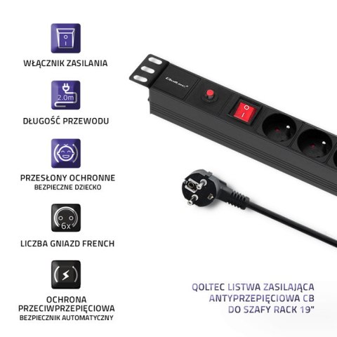 Qoltec Listwa zasilająca PDU antyprzeciążeniowa do RACK 19" | 1U | 16A | 6xFRENCH | 2m