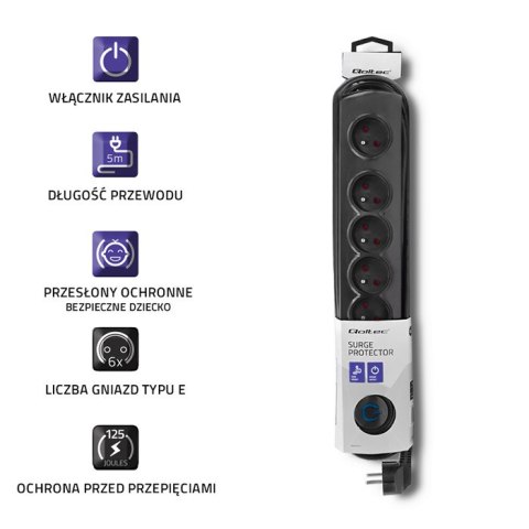Qoltec Listwa zasilająca antyprzepięciowa | 6 gniazd | 5m | Czarna