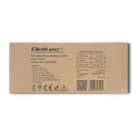 Qoltec Akumulator AGM | 12V | 12Ah | Bezobsługowy | Wydajny | LongLife | do UPS, security