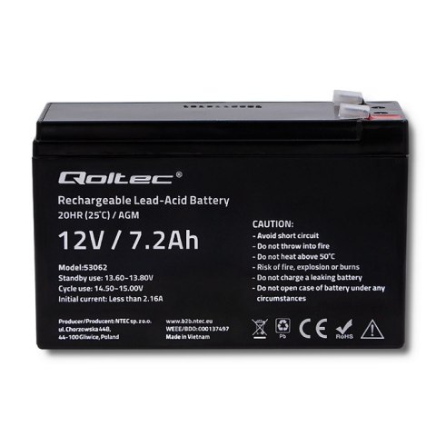 Qoltec Akumulator AGM | 12V | 7.2Ah | Bezobsługowy | Wydajny | LongLife | do UPS, security