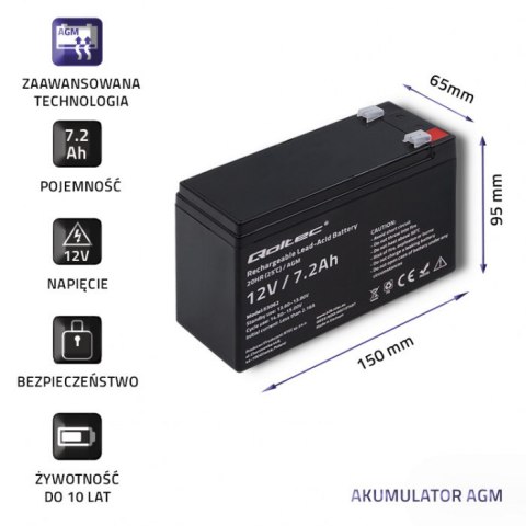 Qoltec Akumulator AGM | 12V | 7.2Ah | Bezobsługowy | Wydajny | LongLife | do UPS, security