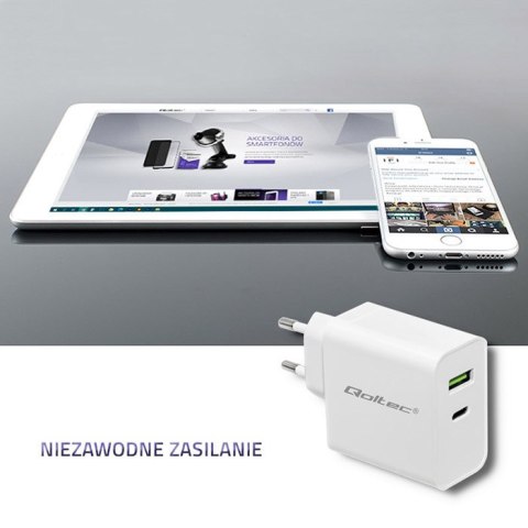 Qoltec Ładowarka sieciowa 45W | 5-20V | 2.4-3A | USB typ C PD | USB 3.0 | Biała