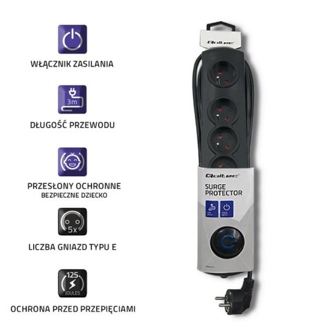 Qoltec Listwa zasilająca antyprzepięciowa | 5 gniazd | 3m | Czarna