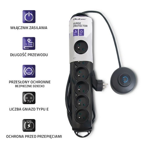 Qoltec Listwa zasilająca antyprzepięciowa | wł. QS | 7 gniazd | 1.5m | Czarna