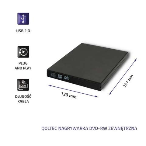 Qoltec Zewnętrzny Napęd Nagrywarka Odtwarzacz płyt CD DVD | USB 2.0 | Czarny