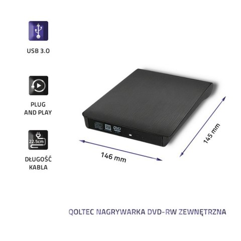Qoltec Zewnętrzny Napęd Nagrywarka Odtwarzacz płyt CD DVD | USB 3.0 | Czarny